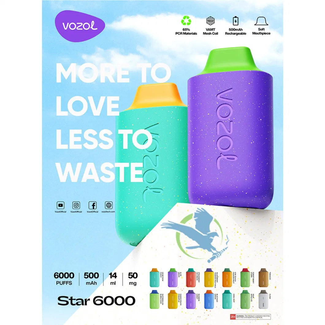 Shenzhen Factory Direct Sales Vozol Star 6000 Is a Disposable Device Prefilled with 14ml Nicotine Salt E-Liquid Wholesale I Vape